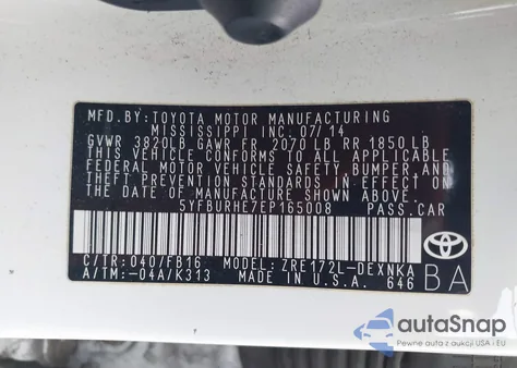 2014 Toyota Corolla Le из США, поврежденный, VIN 5YFBURHE7EP165008